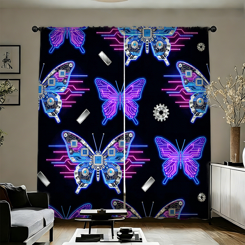 Office Print Tech - 2pcs Cyberpunk Butterfly Curtains Neon Circuit